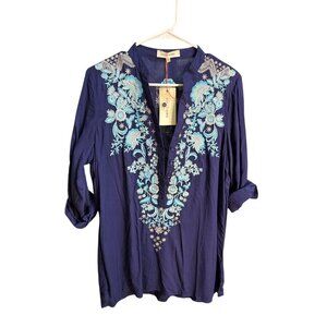 Solitaire Top Tunic Women M Blue Floral Boho Relaxed Embroidered Button NWT